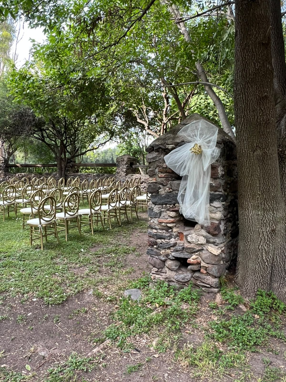 Montaje de ceremonia en jardín con sillas blancas en Hacienda Dolores, bodas en Querétaro