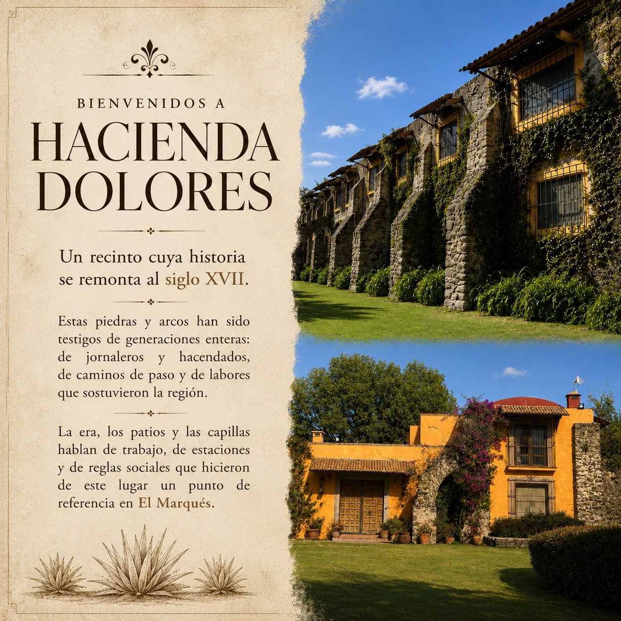 Letrero de bienvenida con la historia de Hacienda Dolores desde el siglo XVII, Querétaro