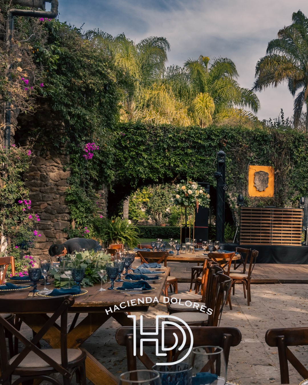 Montaje de banquete al aire libre entre palmeras en Hacienda Dolores, Querétaro